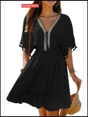 Boho Mini Dress V-Neck Tassel Tie Flowy Rayon Summer Sundress